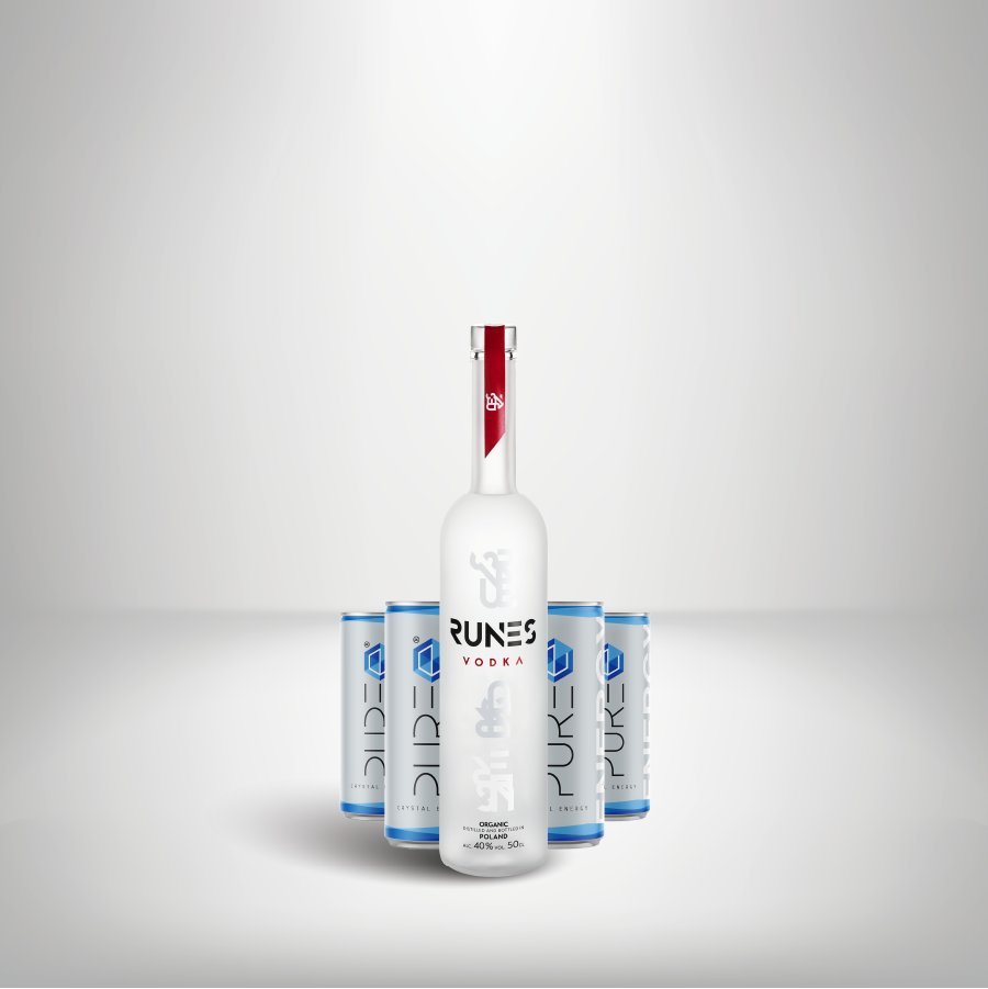 RUNES Vodka Energy Pack - Organic Vodka 500ml Flasche + 4x PURE Energy